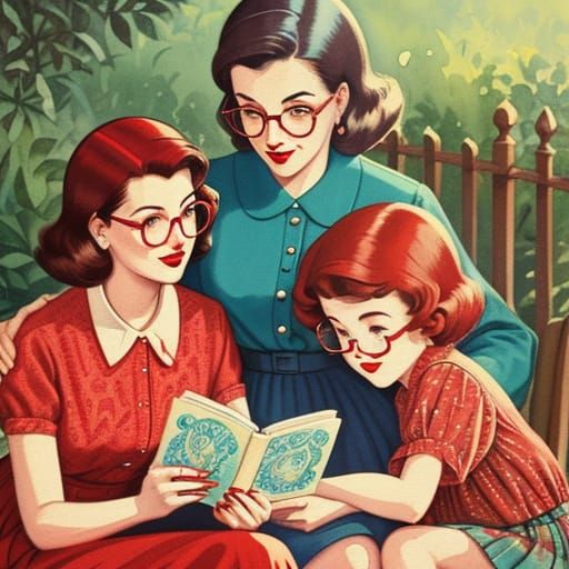 Retro Illustration of Woman Reading to Children