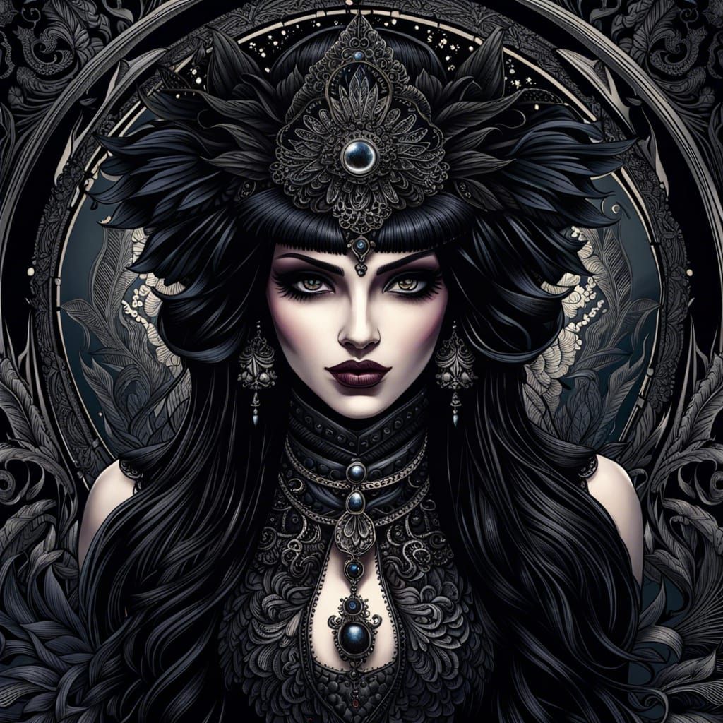 Elegant Goth Girl: Intricate Ink Illustration