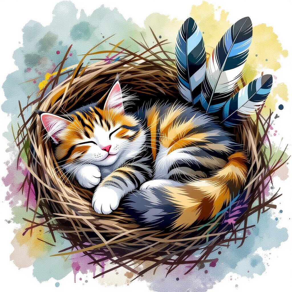 Striped Cat Nap in a Magpie Nest