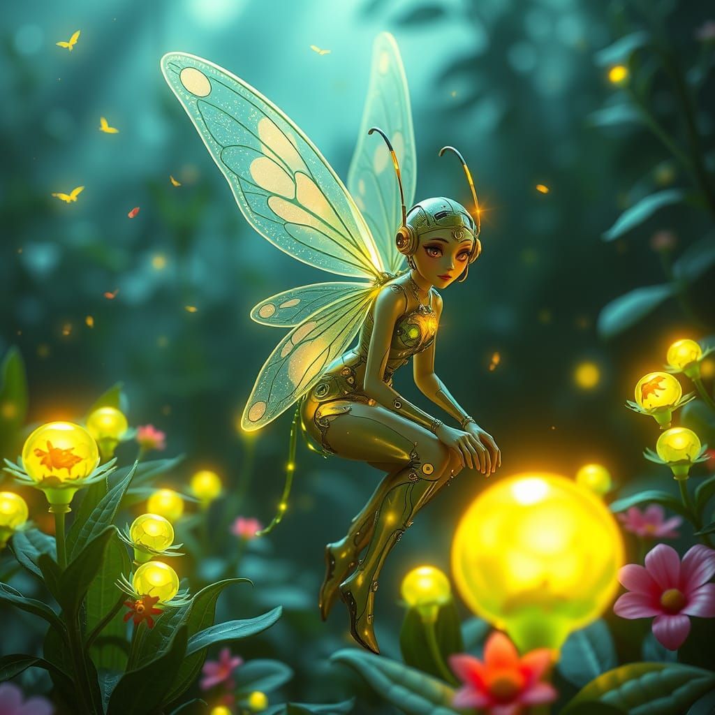 Cybernetic Garden Fairy Tending Biomechanical Plants