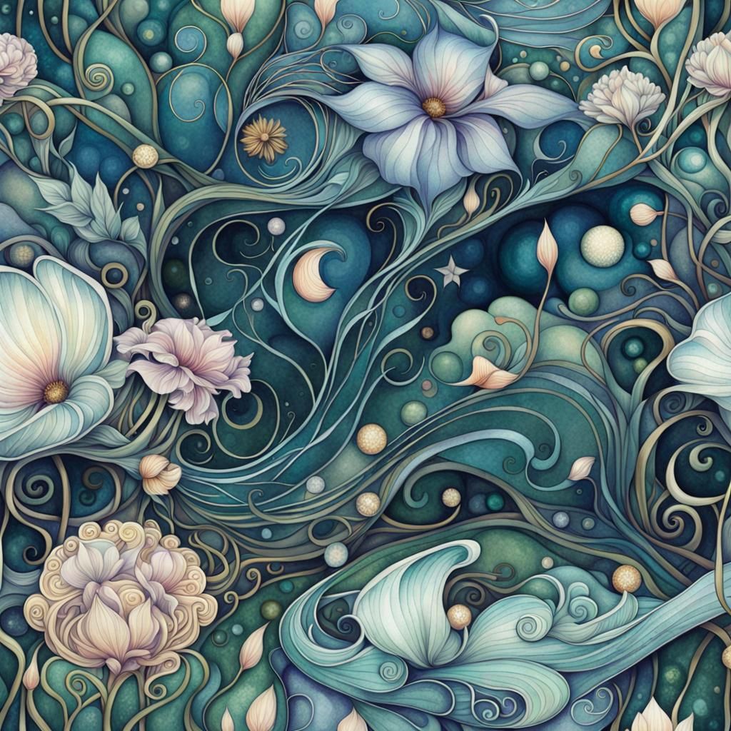 Art Nouveau Sea of Love Watercolor Illustration