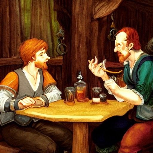 fantasy adventure twin bards, look alike, sitting at a table, talking, in a tavern