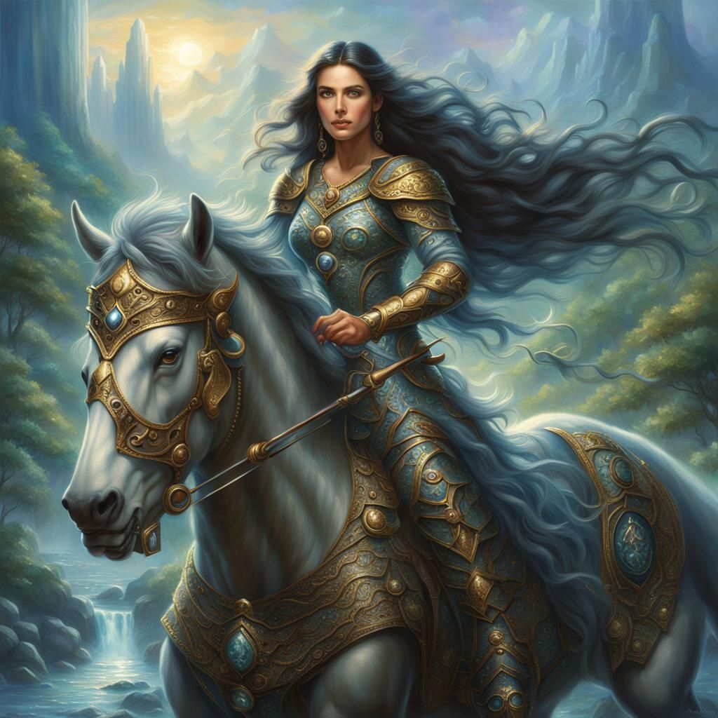 A beautiful warrior woman with long dark hair riding a mystical creature wearing futuristic jewels ethereal fantasy hype...