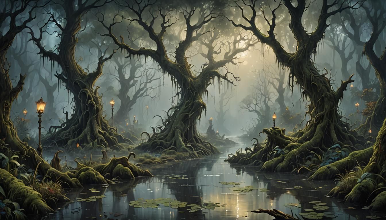 Stormy Faerie Swamp in Ethereal Fantasy Style