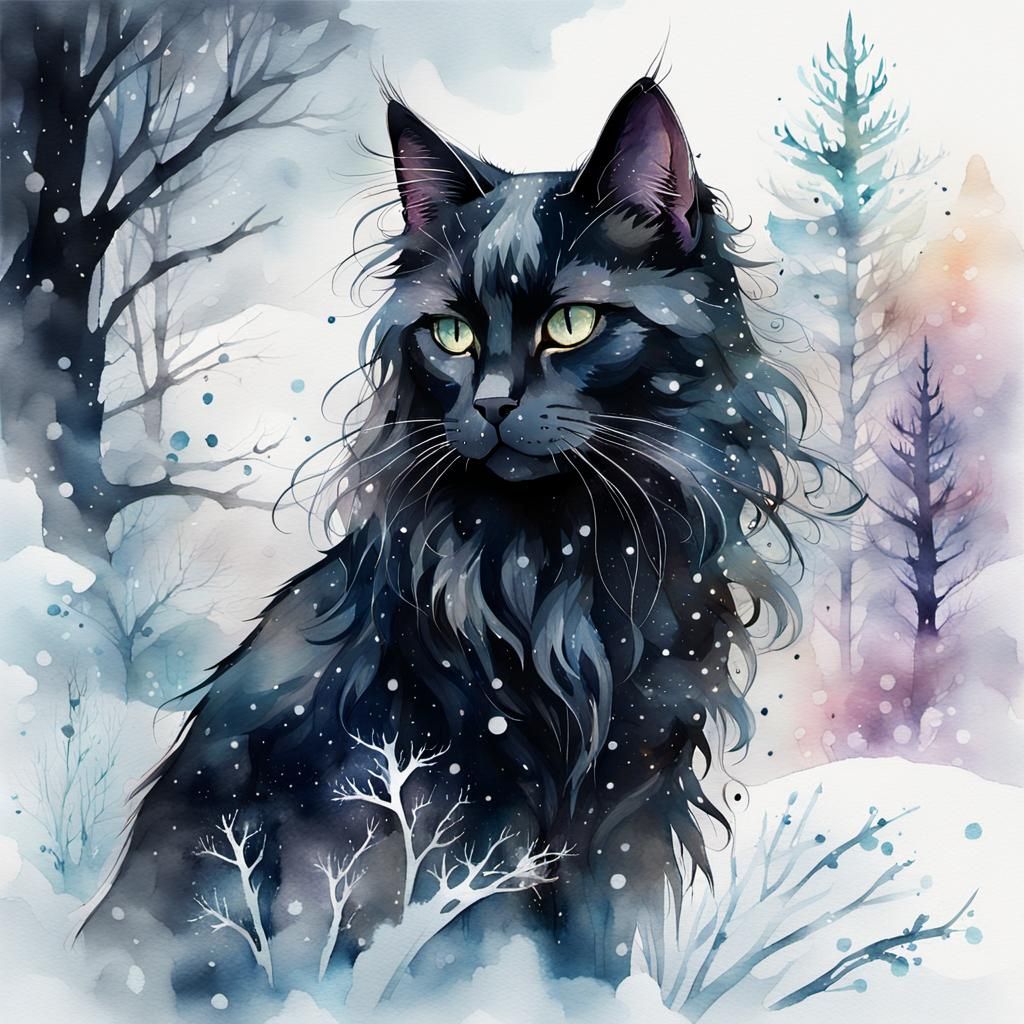 Black Cat in Winter Wonderland Watercolor Illustration