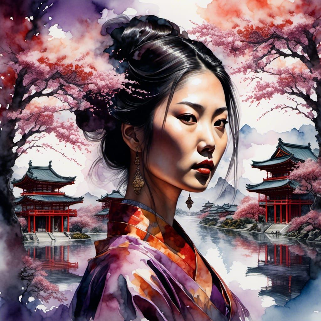 Celestial Asian Woman Emerging from Dystopian Japan in Digit...