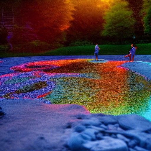 Hyperrealistic Neon Sunset Pond with Skipping Stones