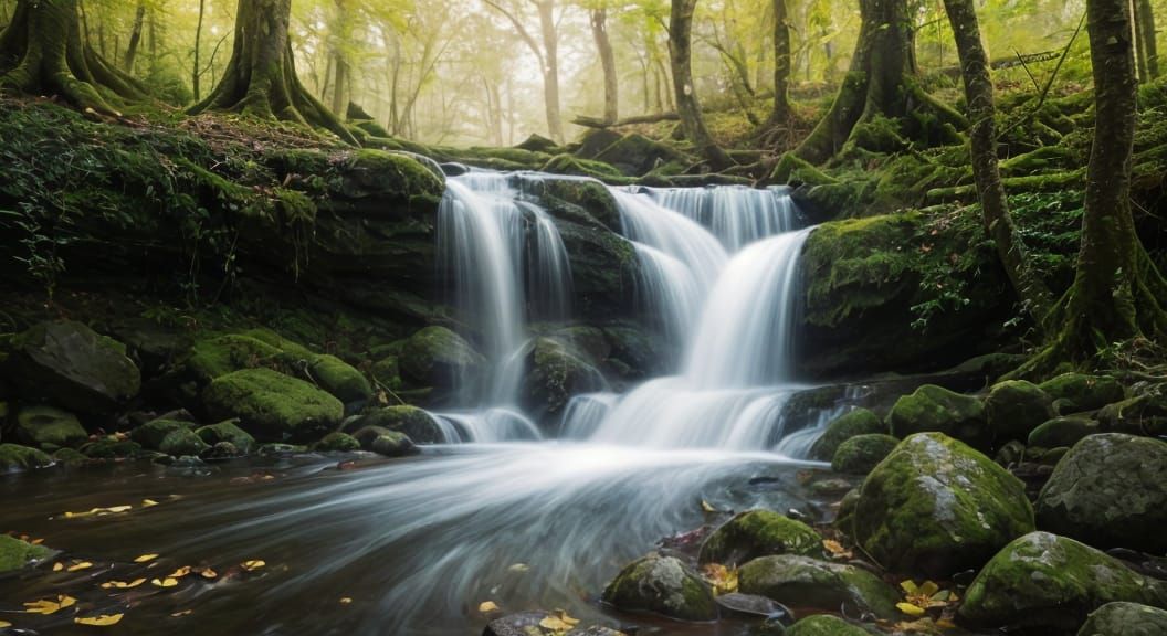 Hyperrealistic Waterfall Panorama with Rainbows
