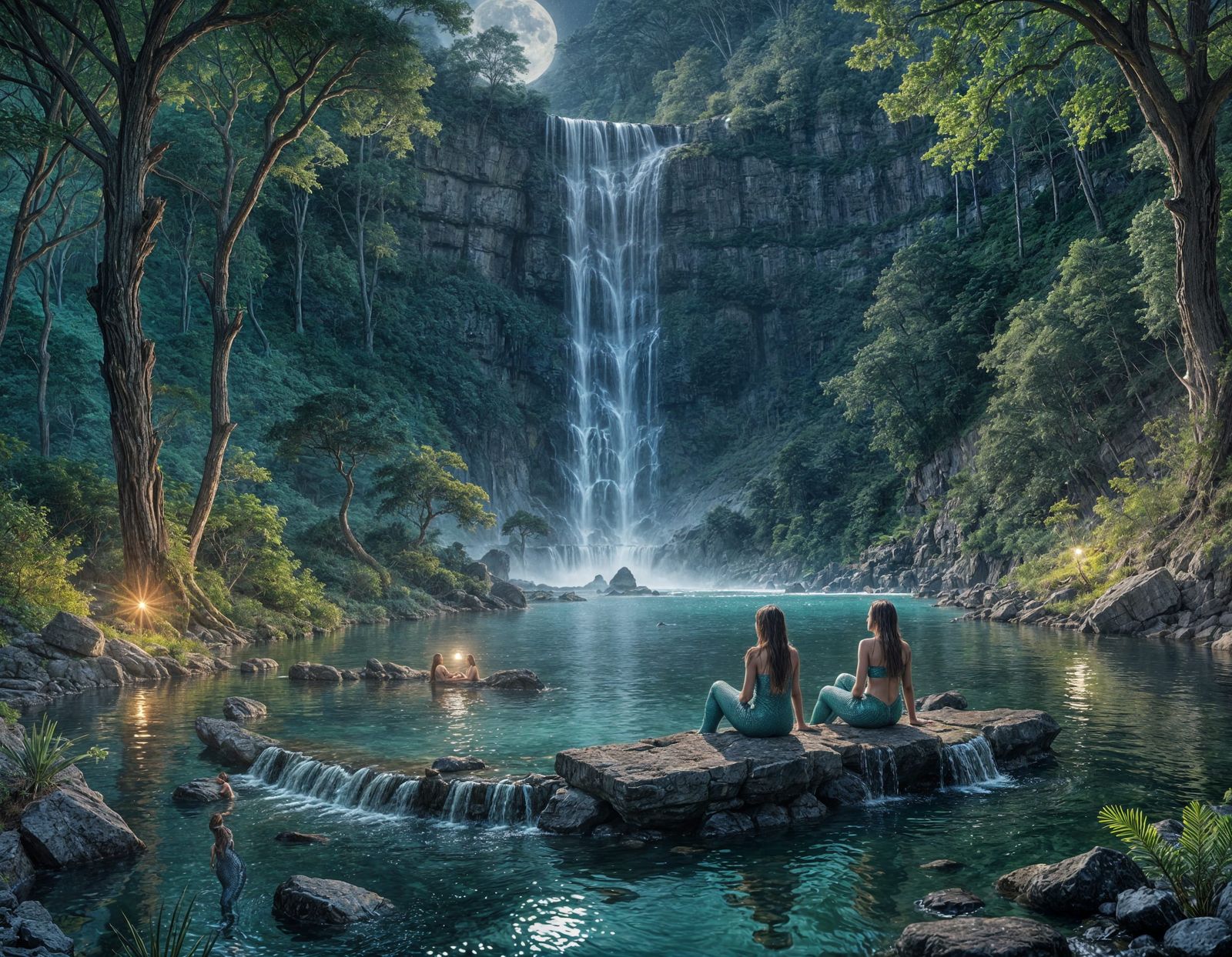 Moonlit Waterfall with Mermaids in Sacred Pool