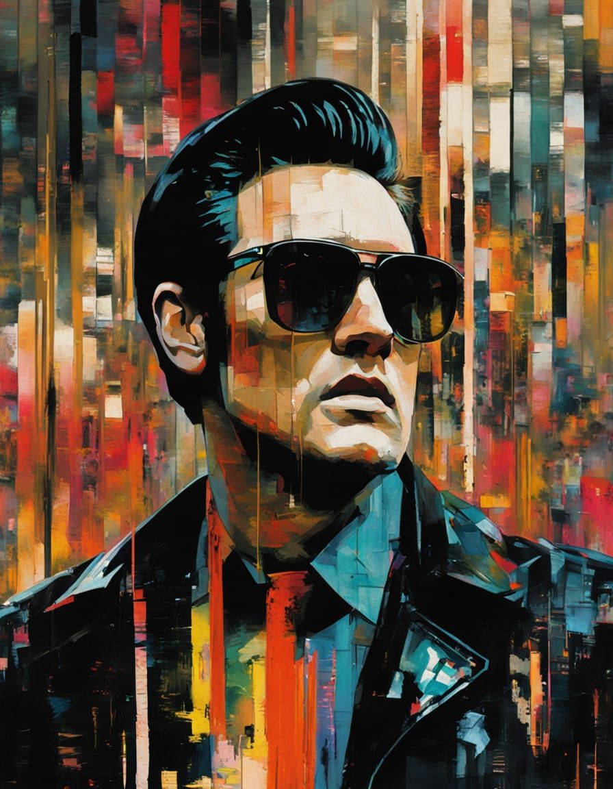 Cyberpunk Elvis Presley Portrait with Glitch Effects