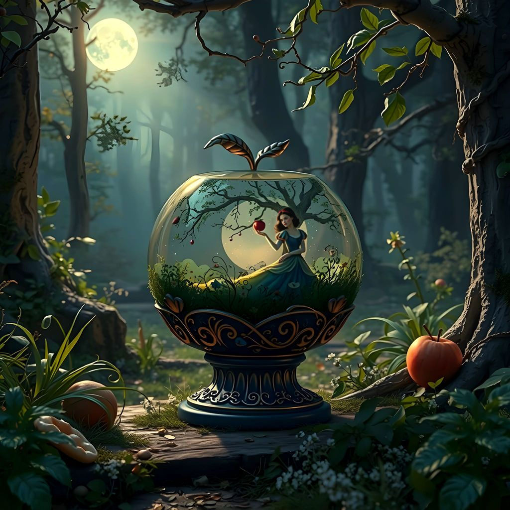 Whimsical Watercolor Forest Scene with Glass Apple