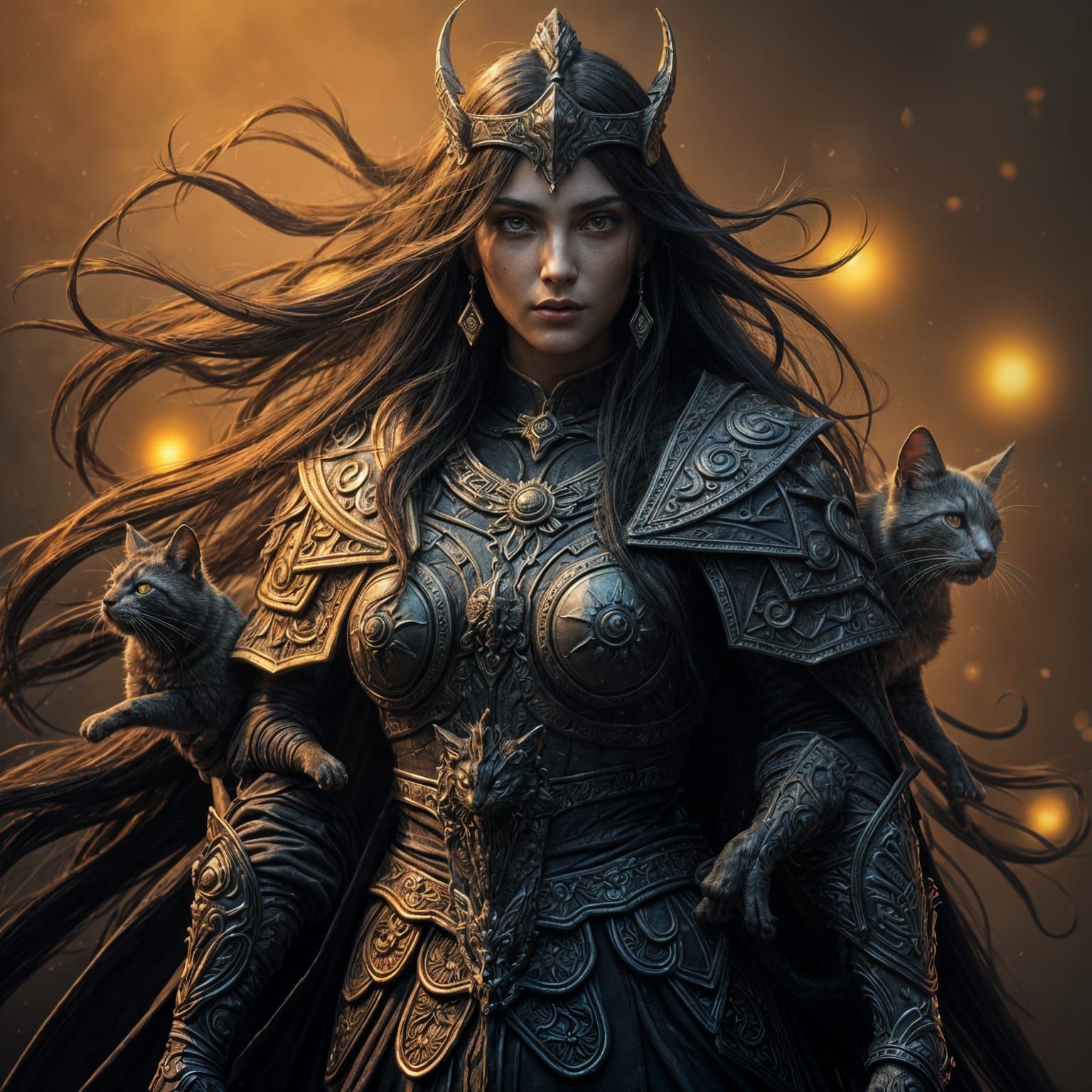 Dark Fantasy Goddess with Feline Companions in Intricately D...