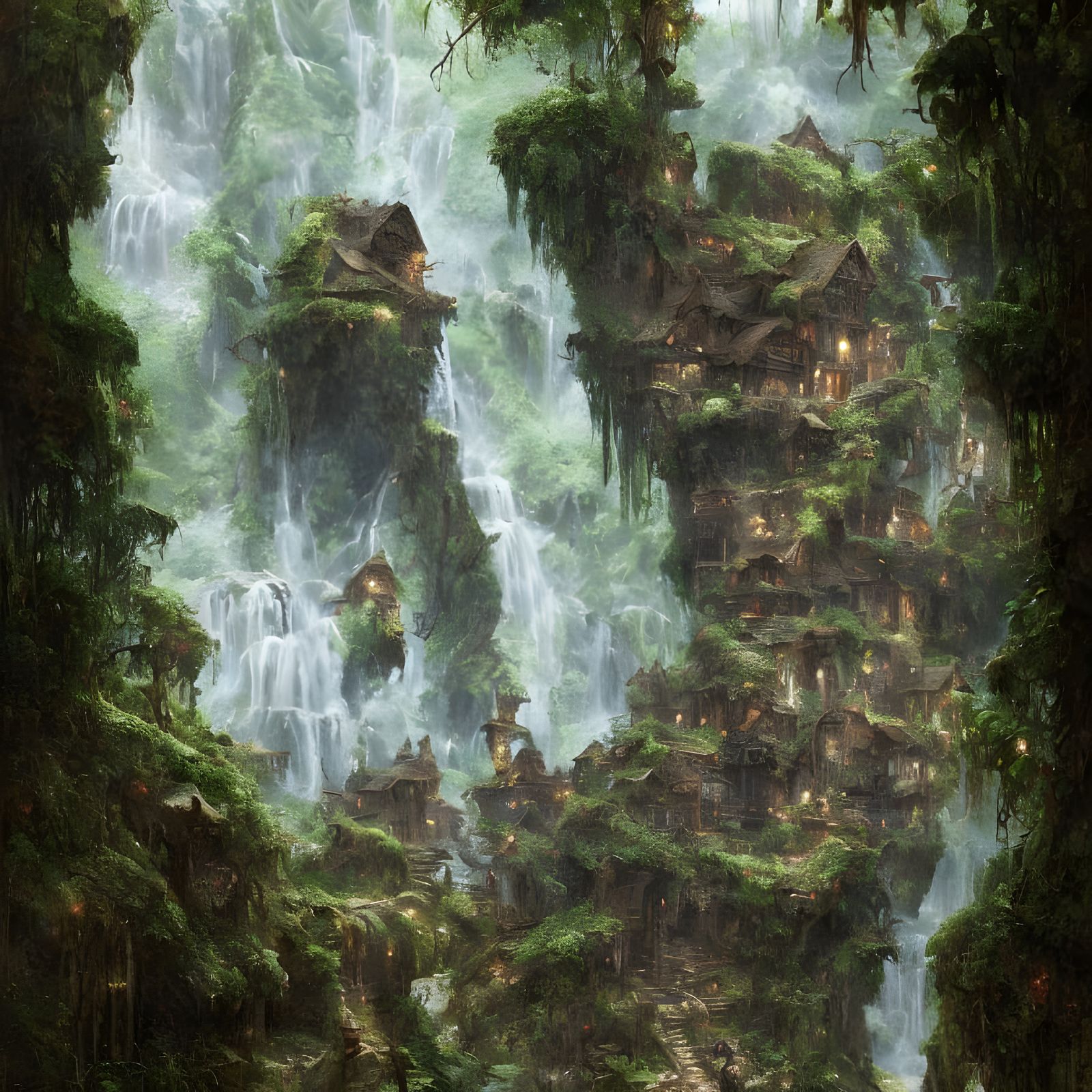 Medieval Village on Cosmic Waterfalls: Oil Painting