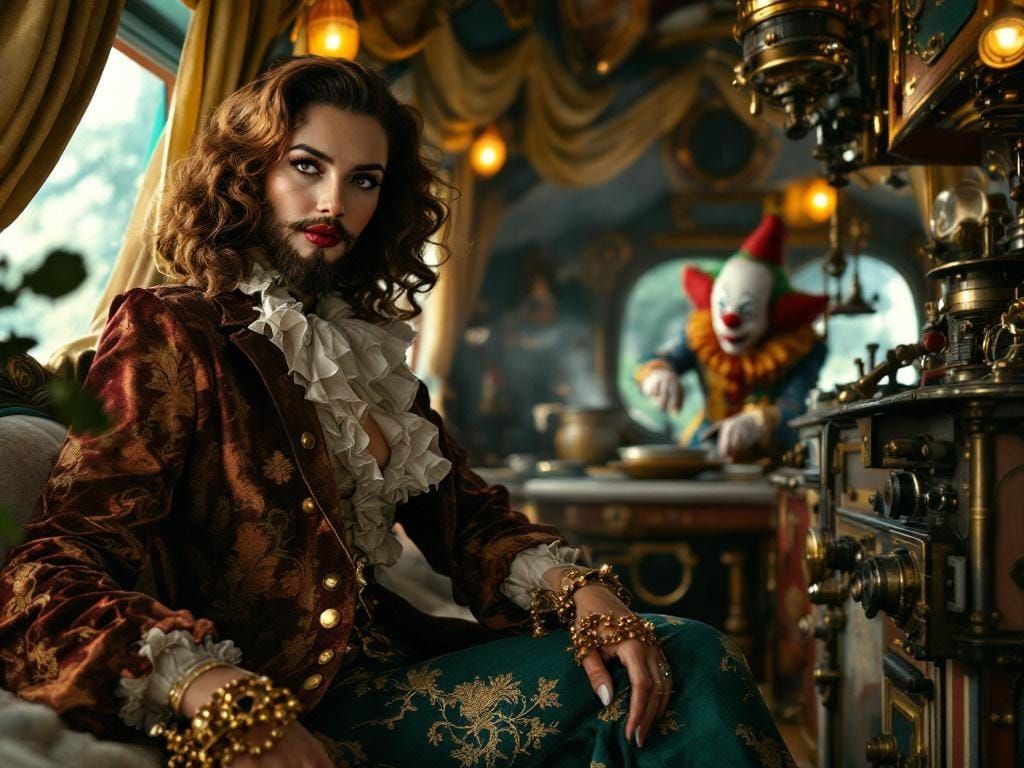 Glamorous Bearded Woman in Steampunk Circus Trailer