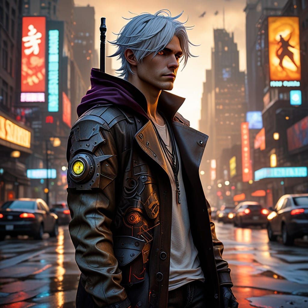 Cyberpunk Hero in Dark Cityscape