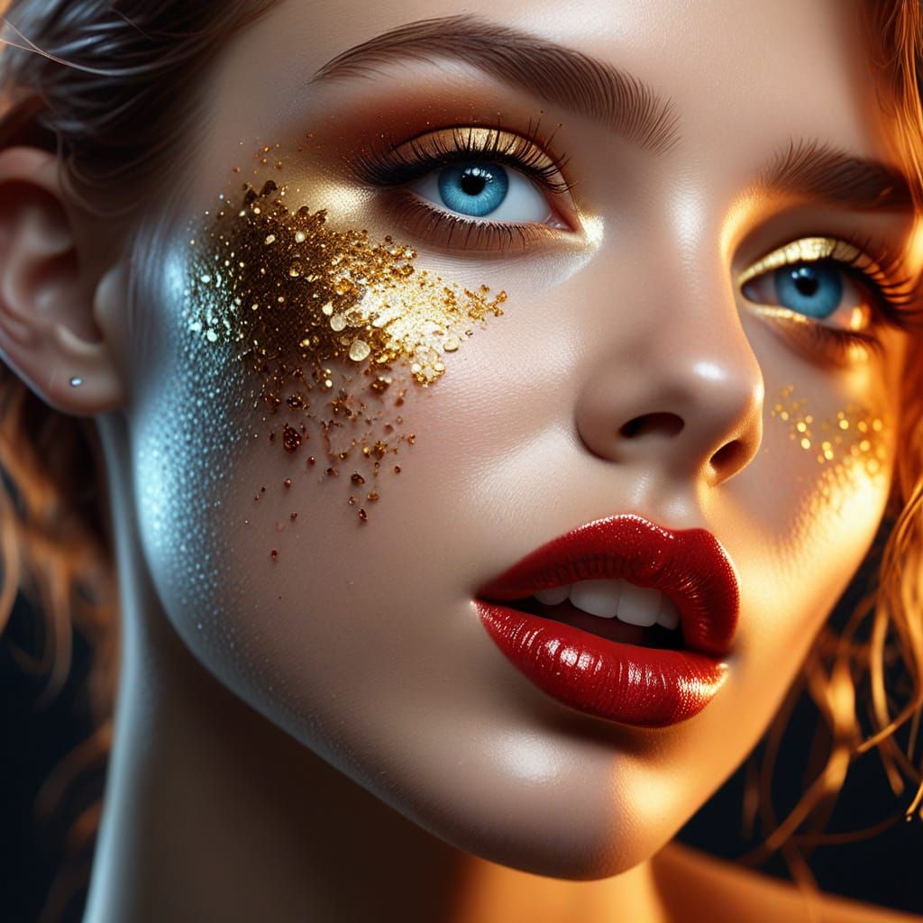 Hyperrealistic Portrait of Young Woman with Glitter Lipstick