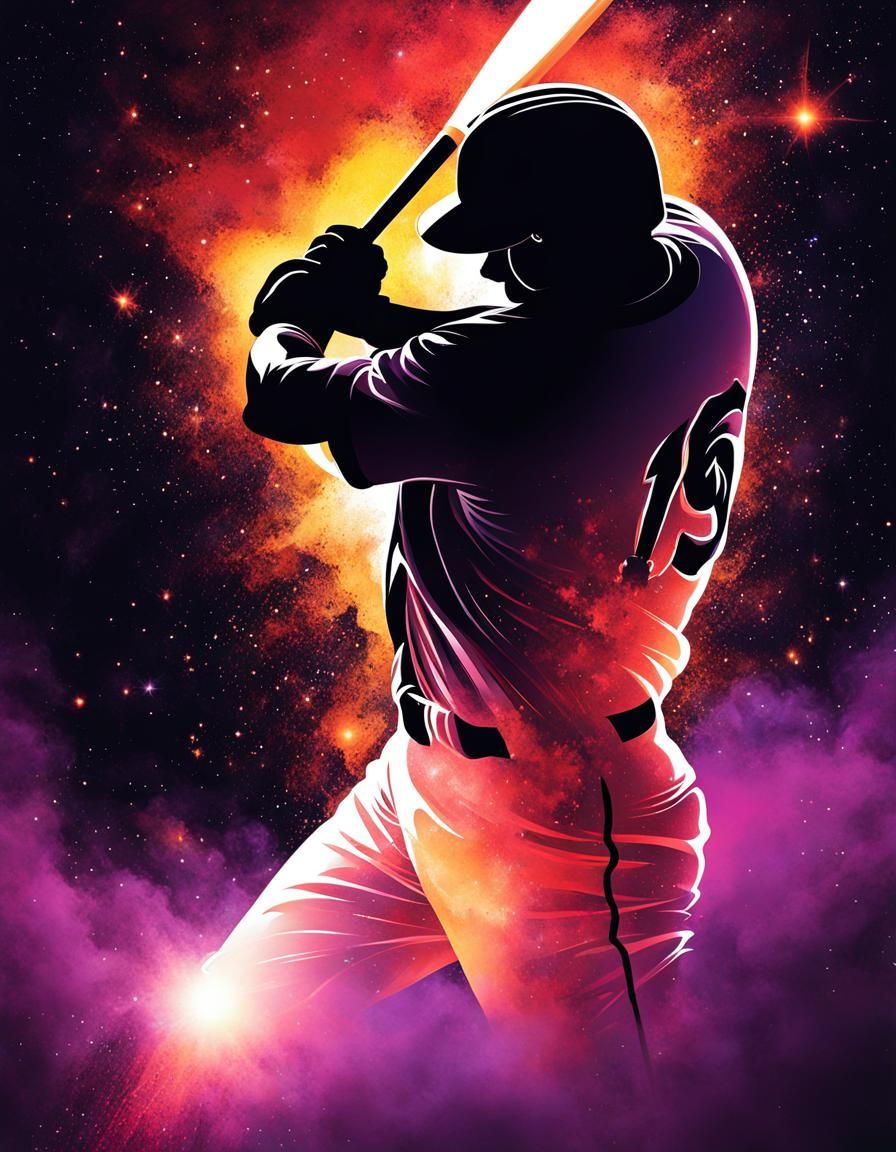 Baseball Player Silhouette as Explosive Nebula Galaxy