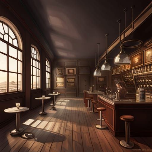 Steampunk Cafe Interior with Vulcan Sign