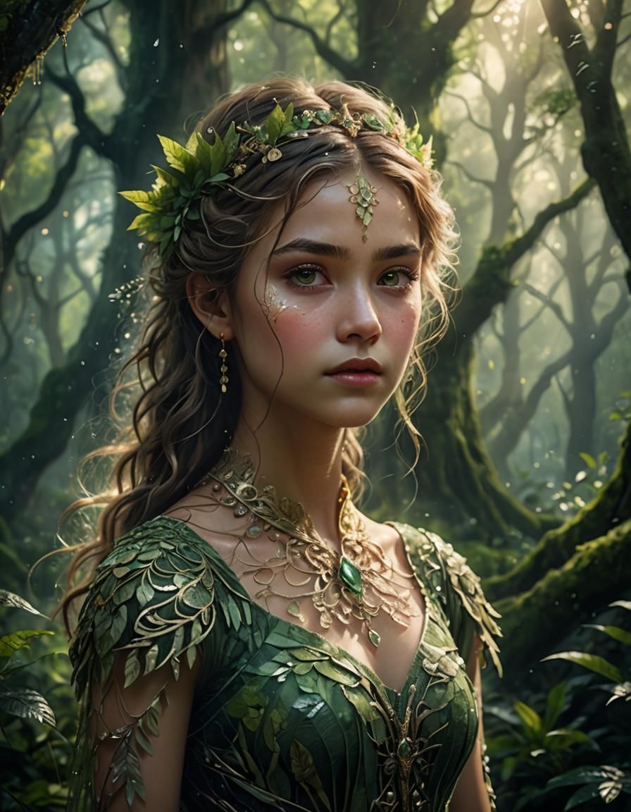Mystical Forest Portrait of Girl in Ornate Dress