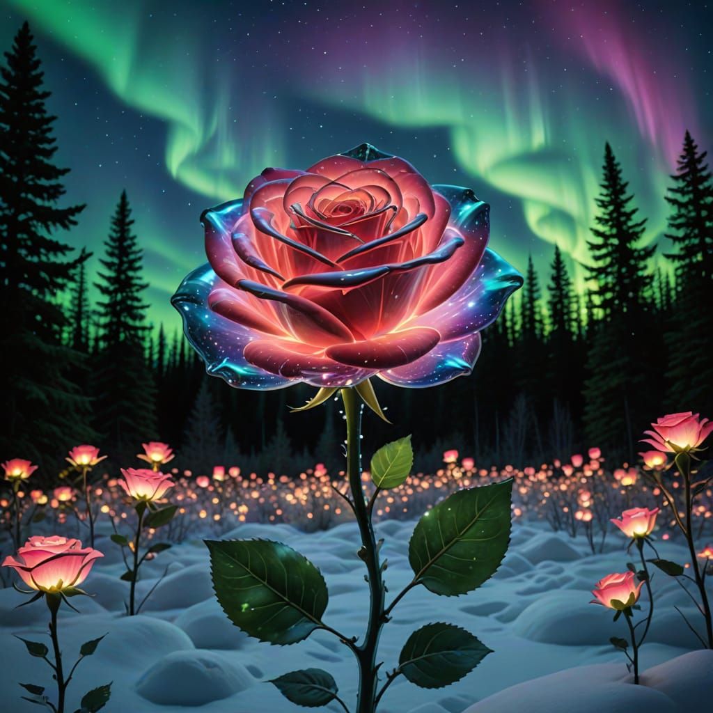 Giant Glass Rose Blooms Under Enchanting Aurora Sky