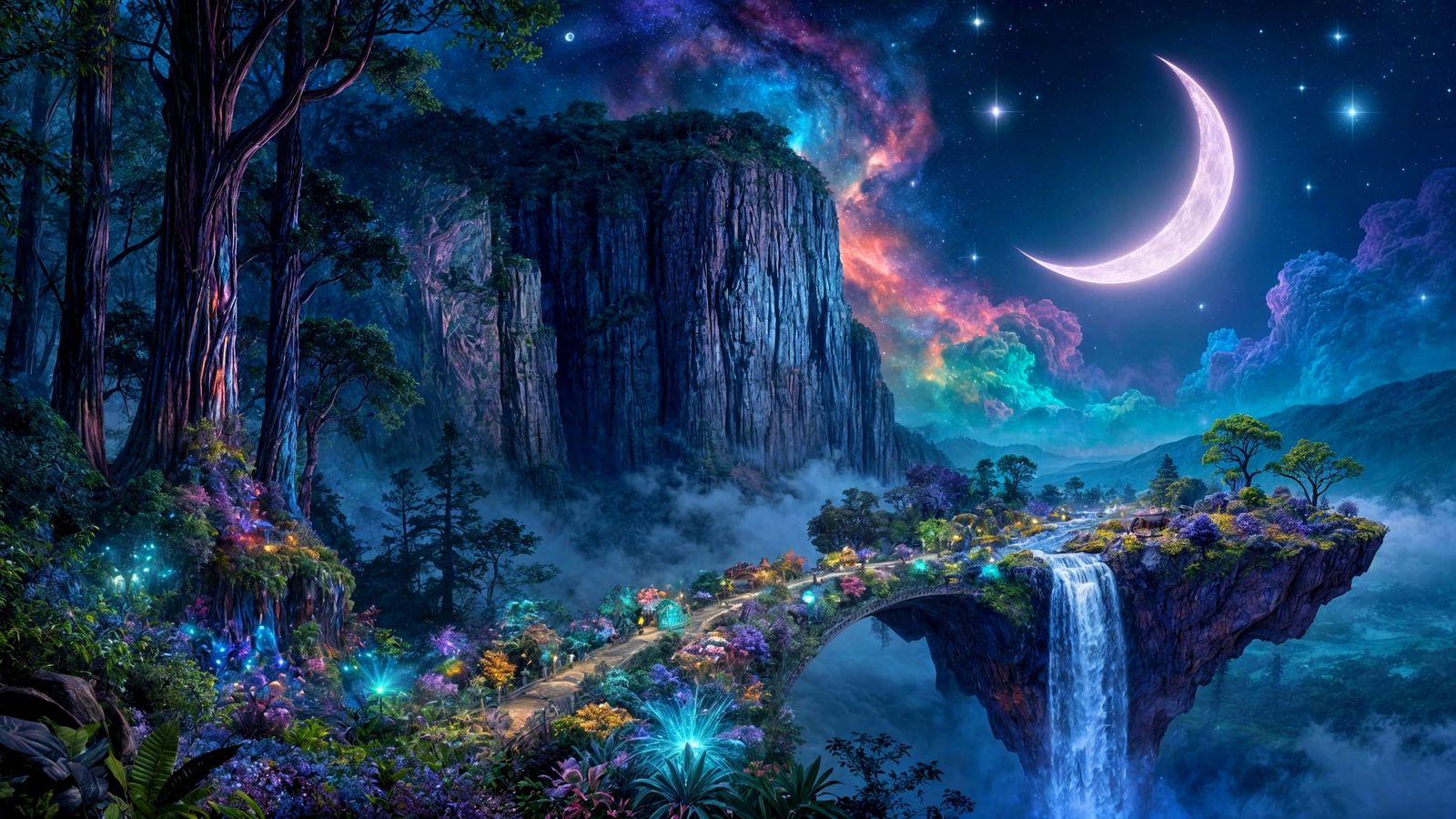 Mystical Forest Realm With Floating Island Under Starry Sky