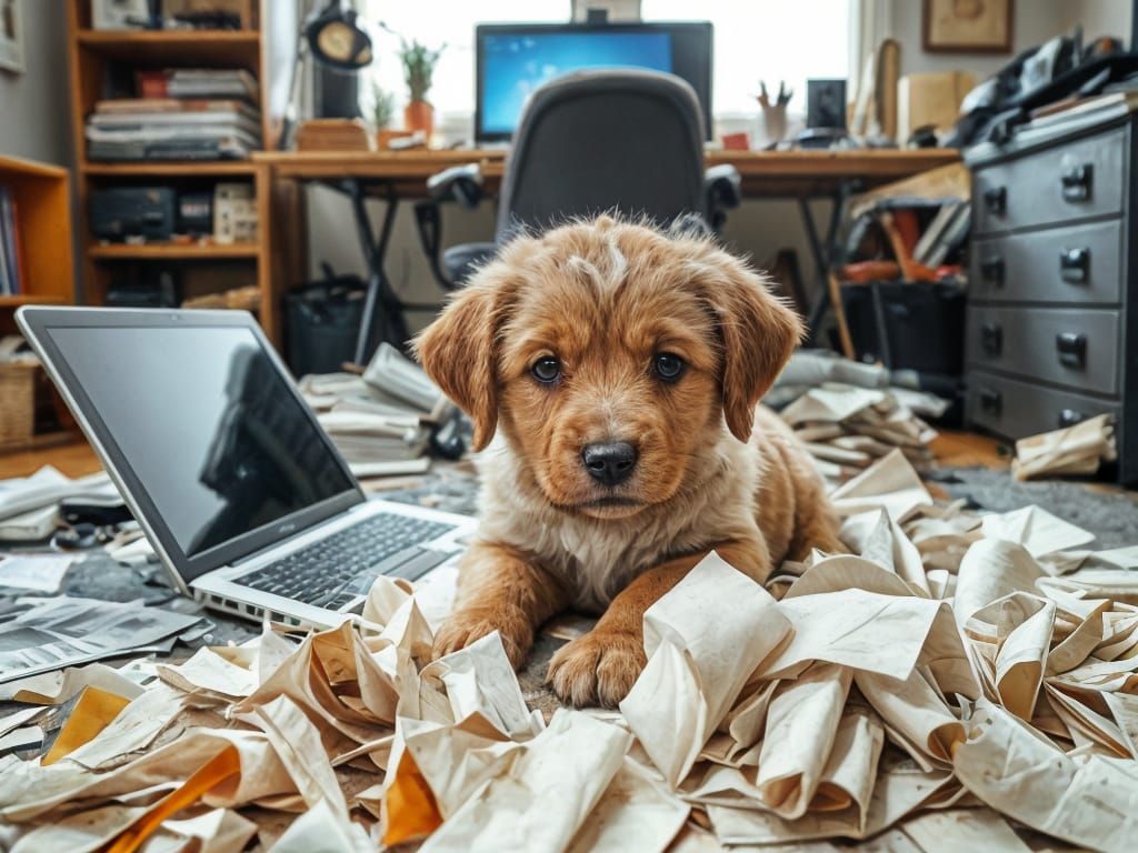 Chaos in the Home Office: Puppy Amidst Paper Shreds