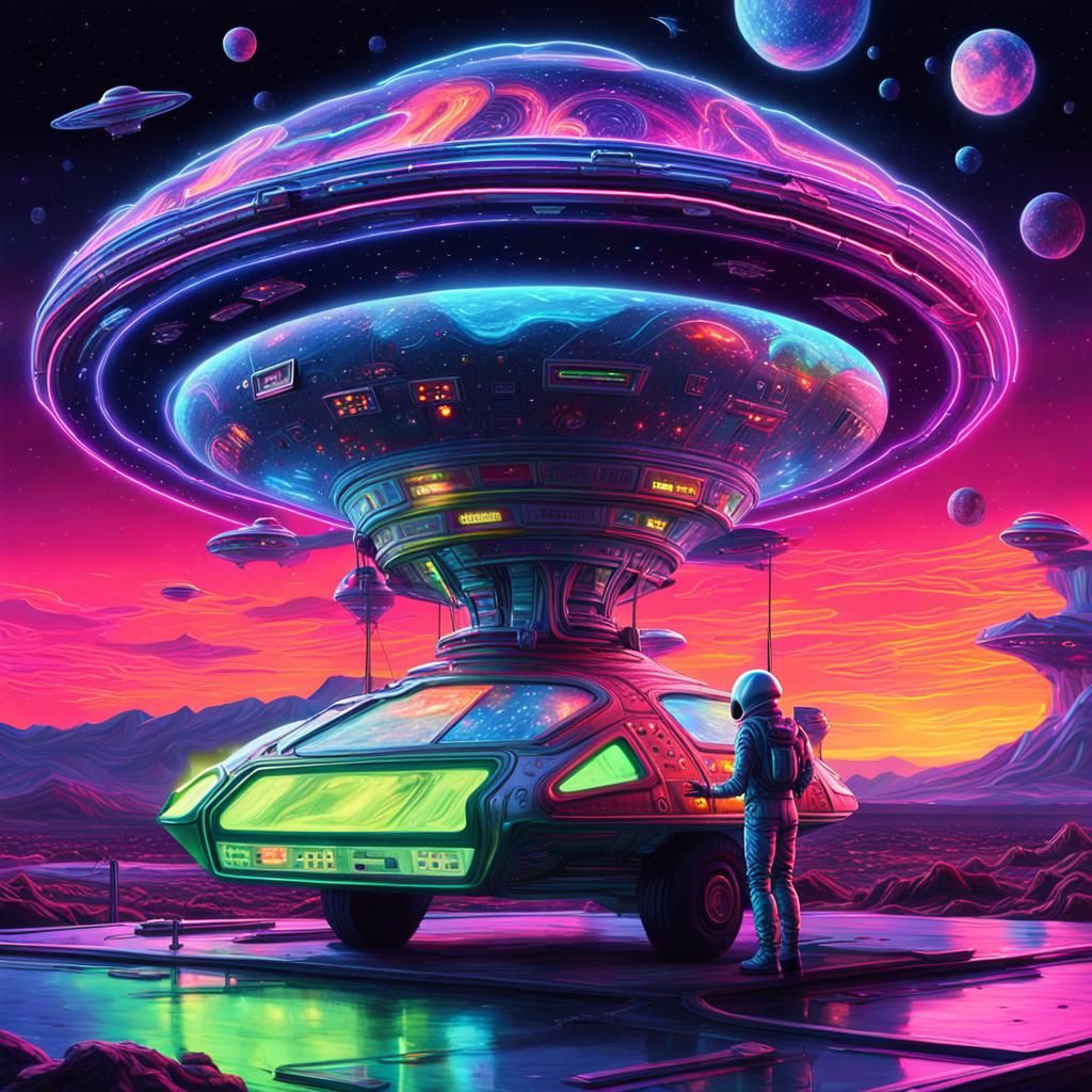 Extraterrestrial Fuel Station in Surreal Neon Night Sky