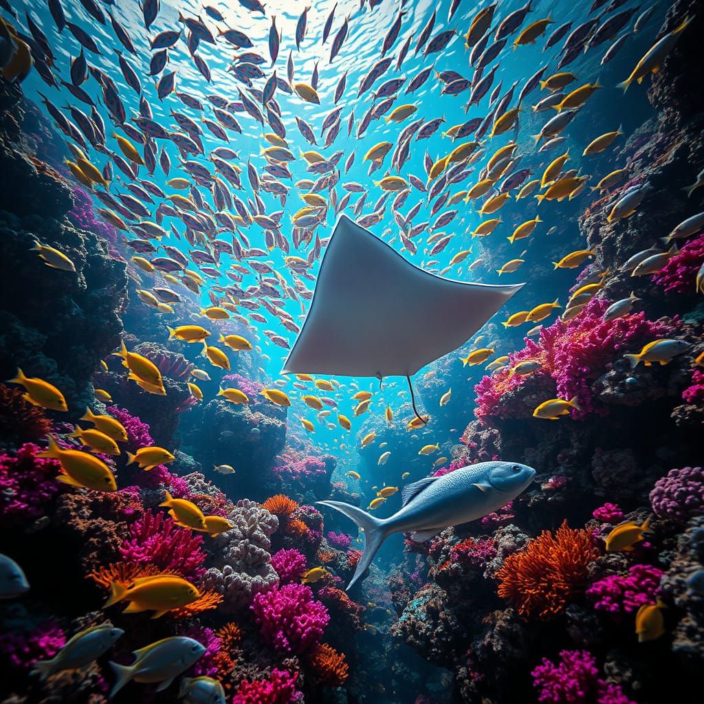 Vibrant Ocean Scene Teeming with Life in Futuristic Realism