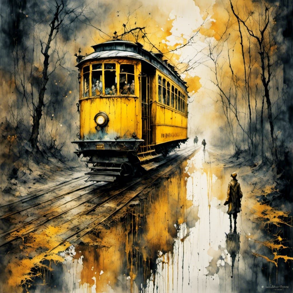 <lora:Woodsplash:1.0> <lora:Dark:1.0> Yellow tramway named d...