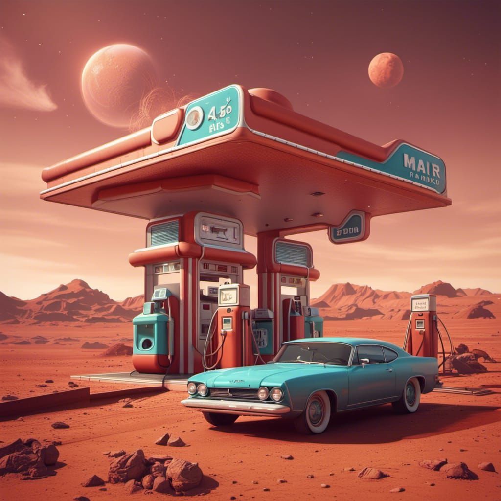 Retro Gas Station on Mars: Detailed Matte Painting