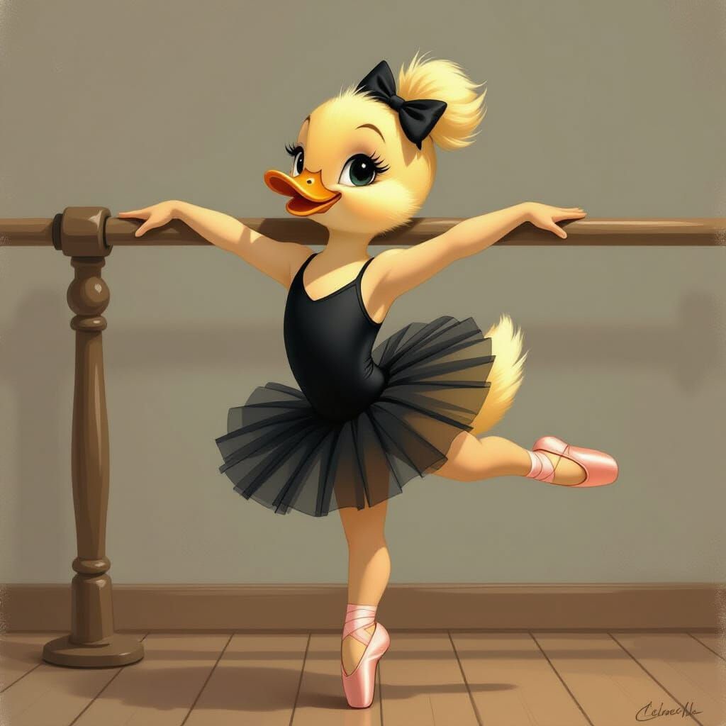 Duckling Ballerina Stretching at the Barre