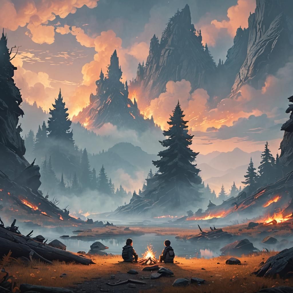 Child by Campfire in Dark Forest: Matte Painting
