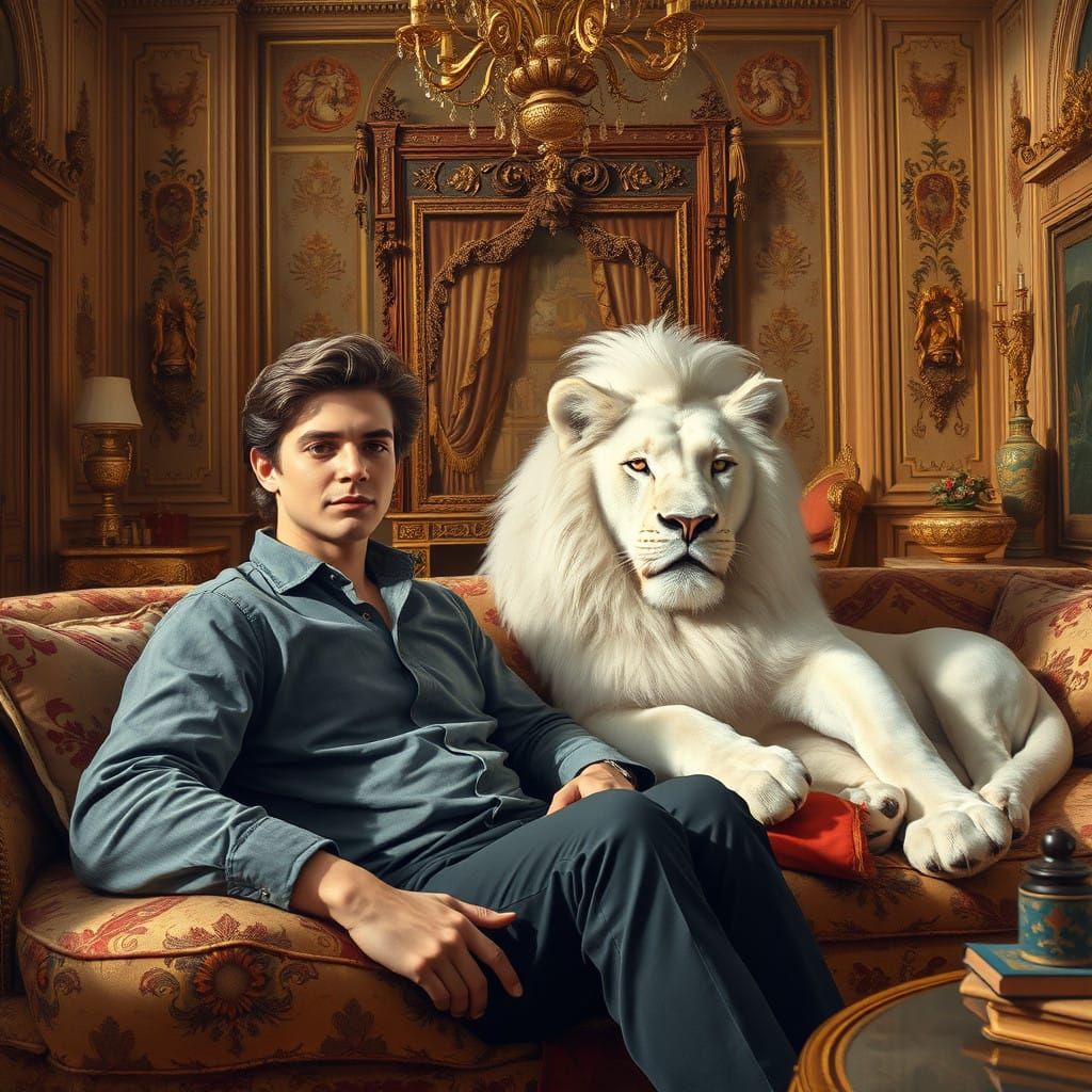 A Serene Young Man and Majestic White Lion in an Ornate Livi...