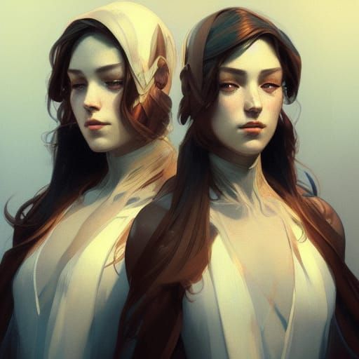 Detailed Portrait of Twins in Art Nouveau Style