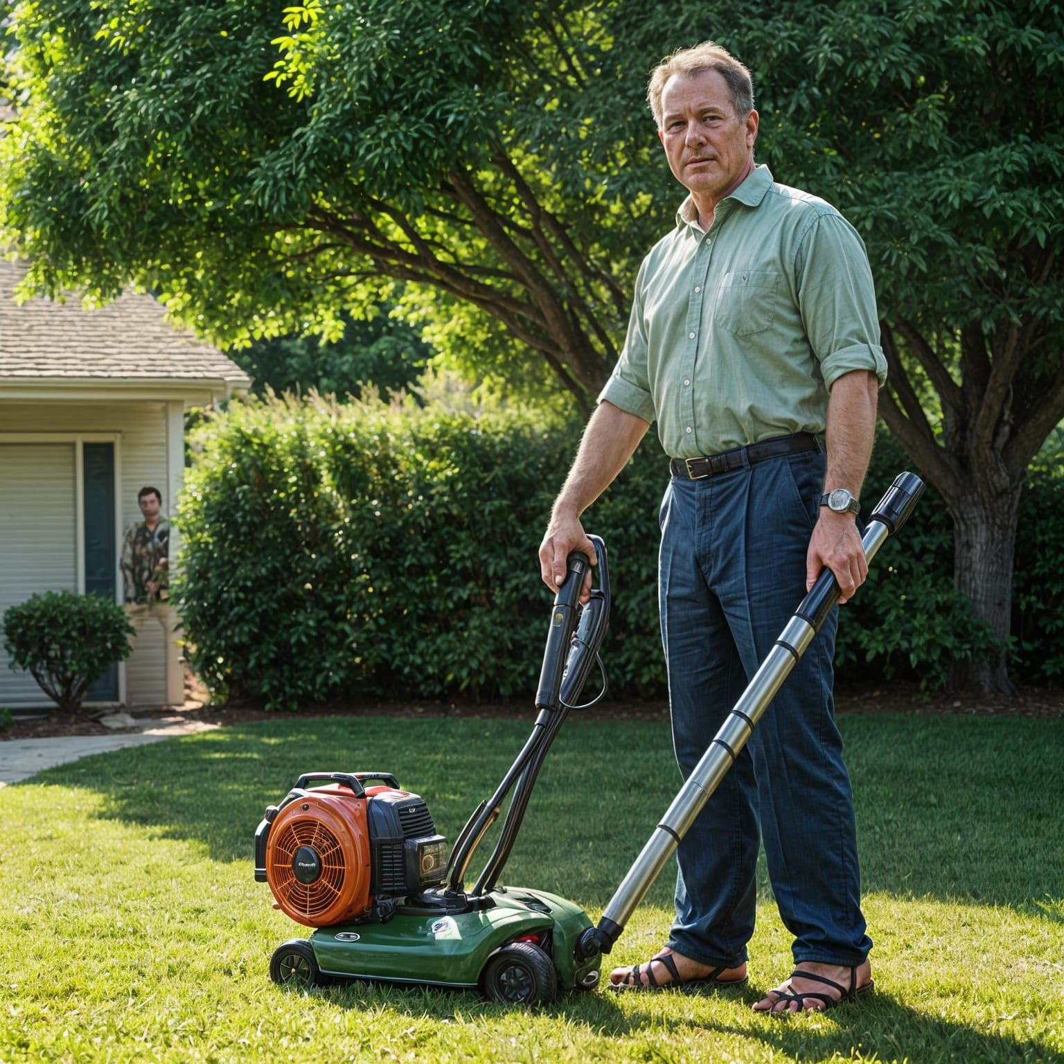 Heroic Dad With Leaf Blower, Norman Rockwell Style