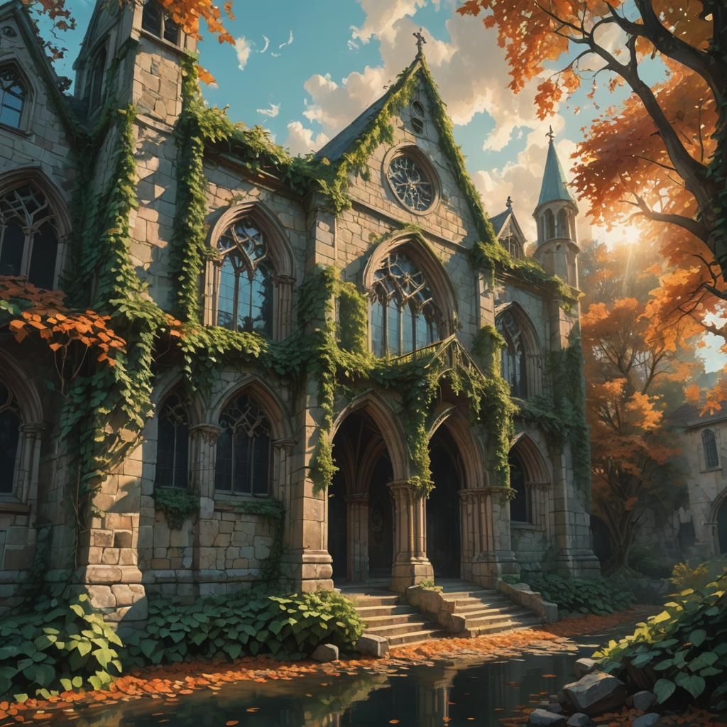 Gothic Stone Building in Sunlight: A Digital Painting