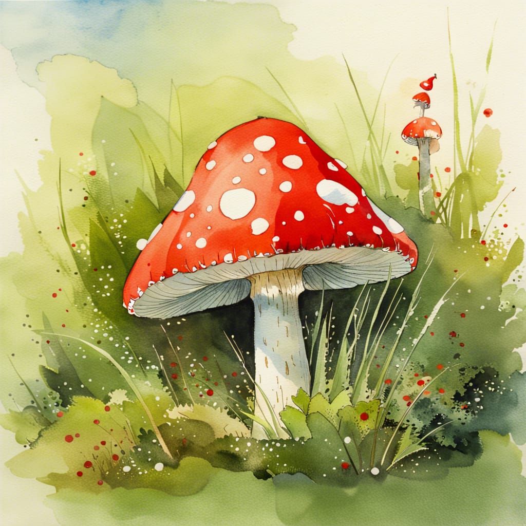 Breathing Fly Agaric Mushroom in Watercolour Style