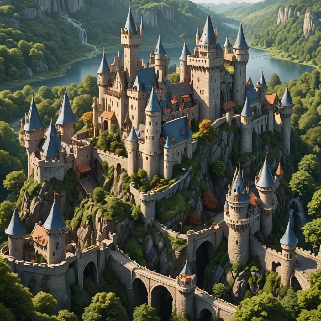 Medieval Castle with Dragons in Fantasy Landscape