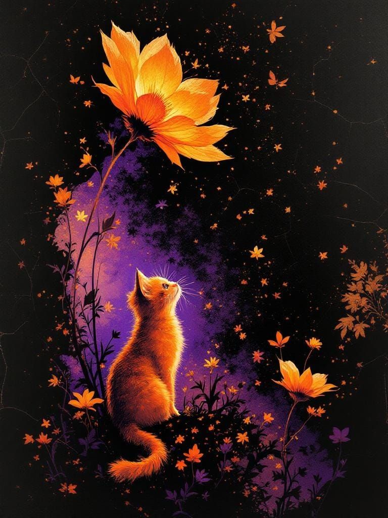 Botanical Cat in Amber Metallic Fairy Tale Landscape
