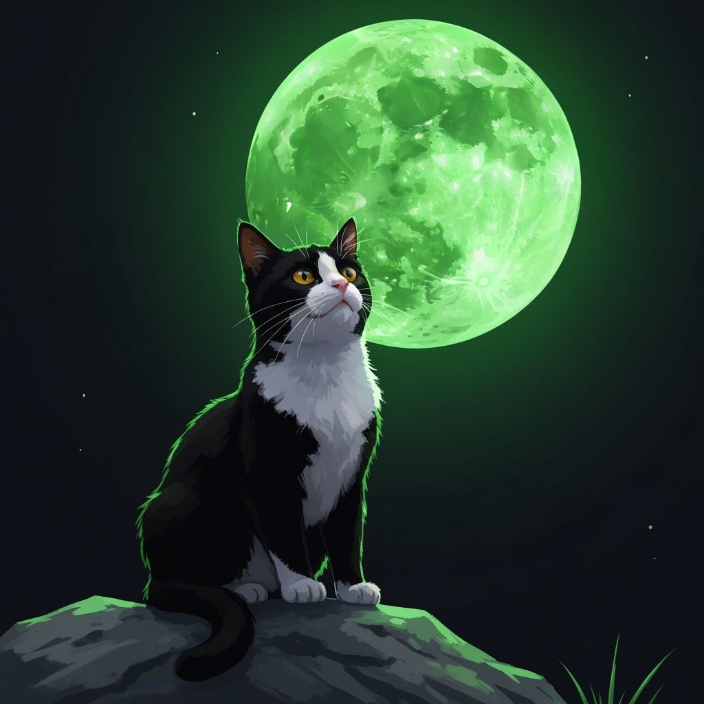 Monochrome Cat Gazing at Green Moon