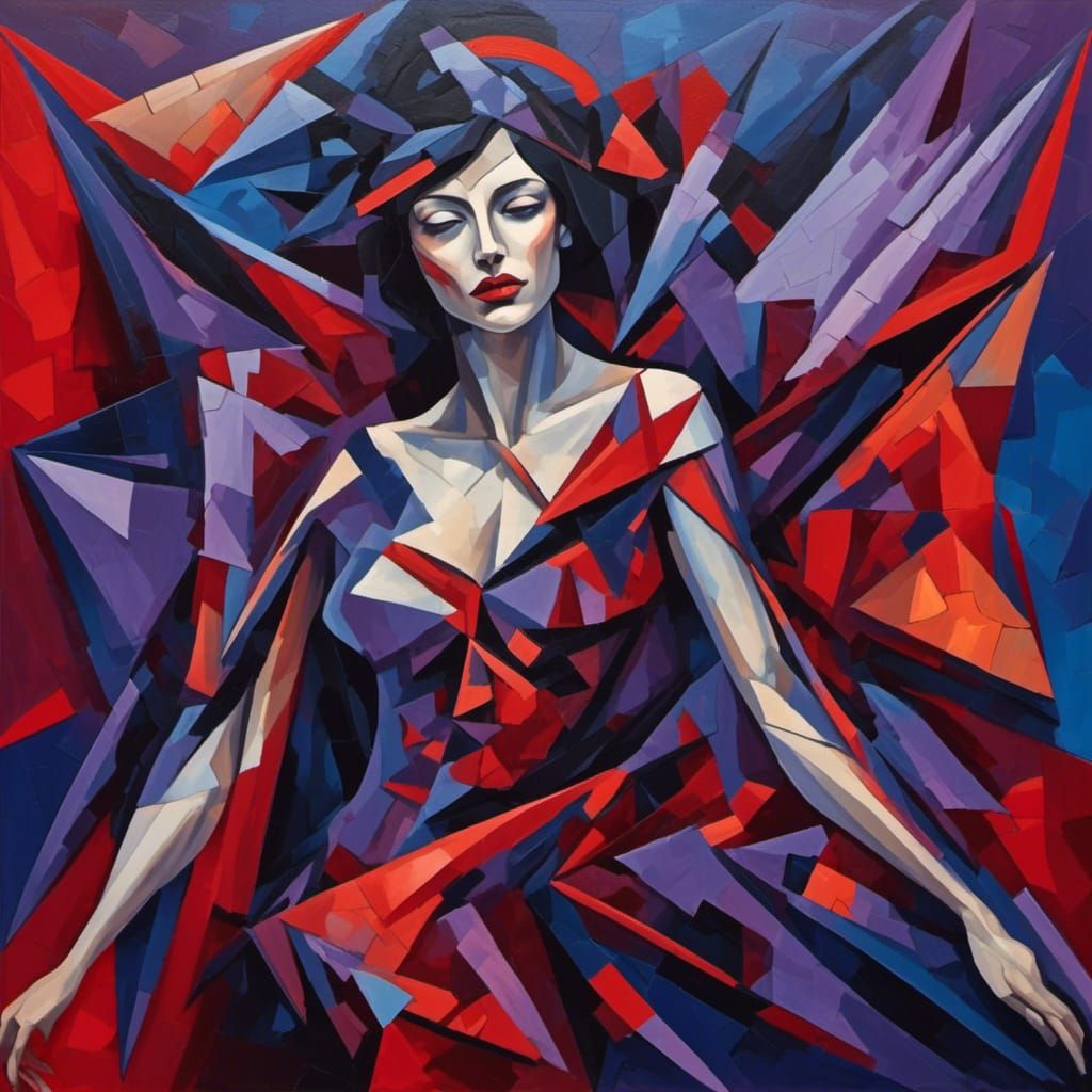 Cubist Woman with Fragmented Wings in Dark Colors
