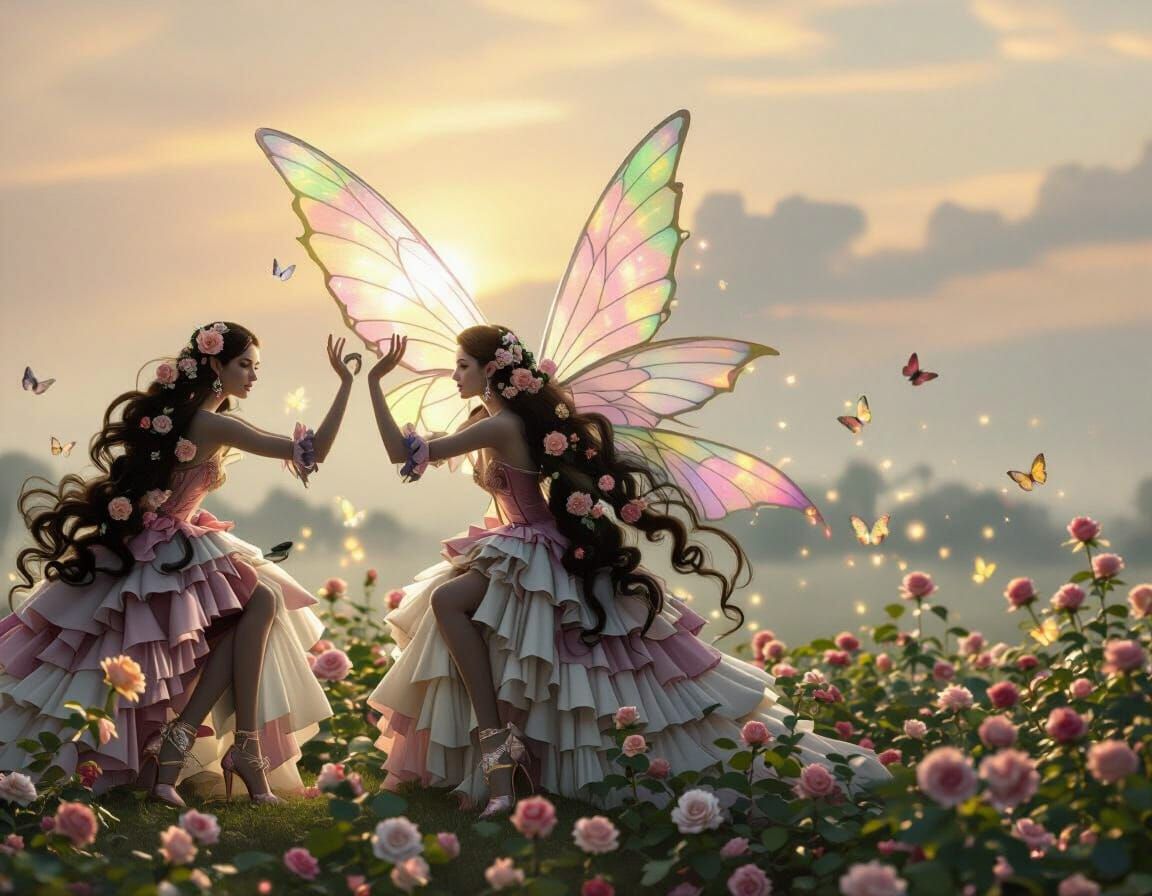 Graceful Fairy Kneeling Among Roses in Hyper-Detailed Fantas...