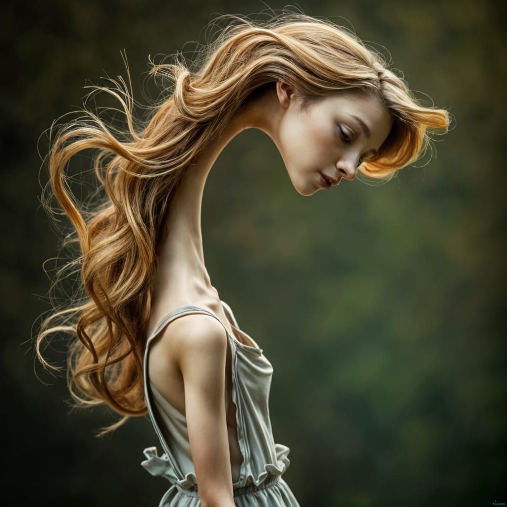 Woman with an Unusually Long, Serpentine Neck in a Dreamy Ma...