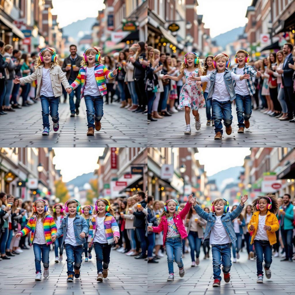 Children Dance on Main Street with Rainbow Headphones