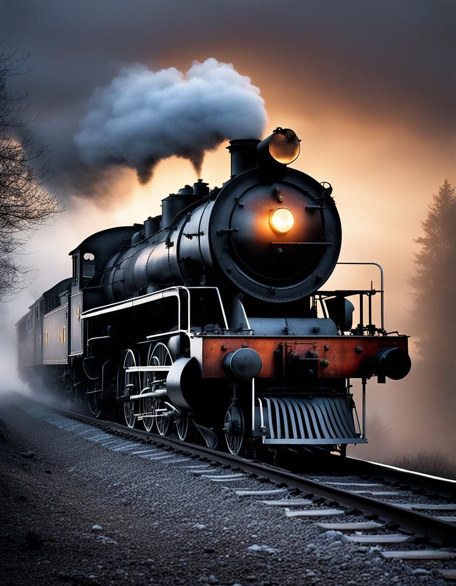 Steam Locomotives Emerge at Dusk in Vintage Art