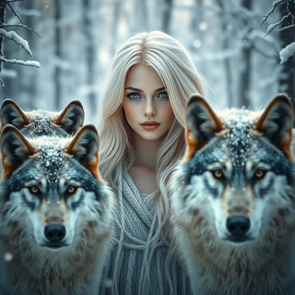 Siberian Serenity: Russian Girl Surrounded by Wolves in Ethe...