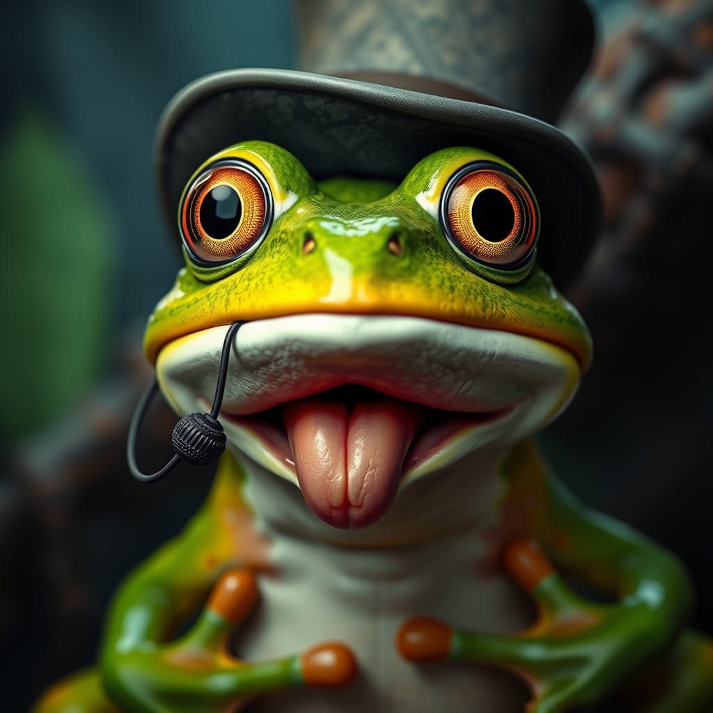 Frog in Top Hat Expressing Shock in Detailed Rendering