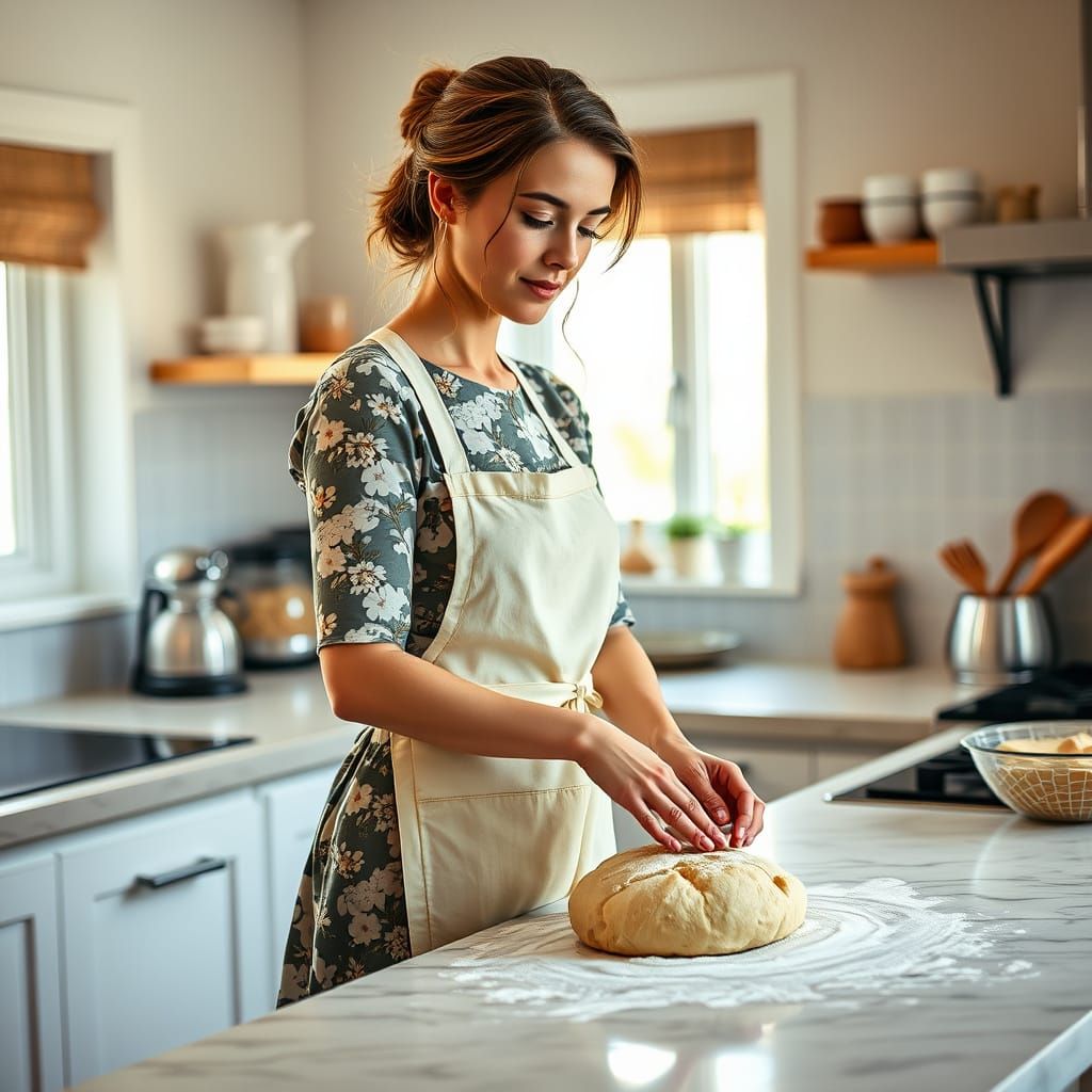 Woman Kneading Dough in Bright Modern Kitchen