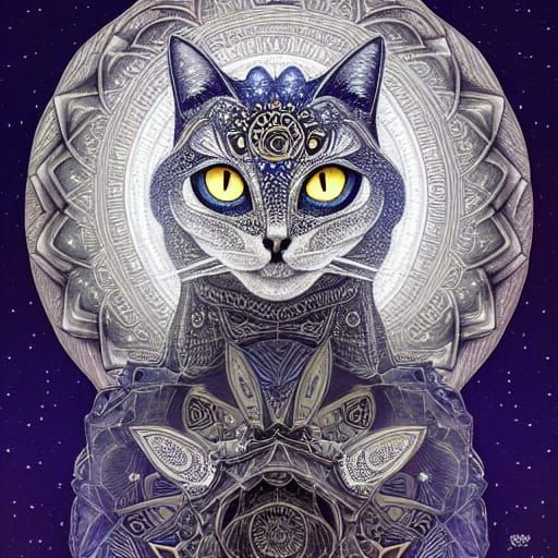 Magical Moon Cat Pencil Sketch with Mandala Details