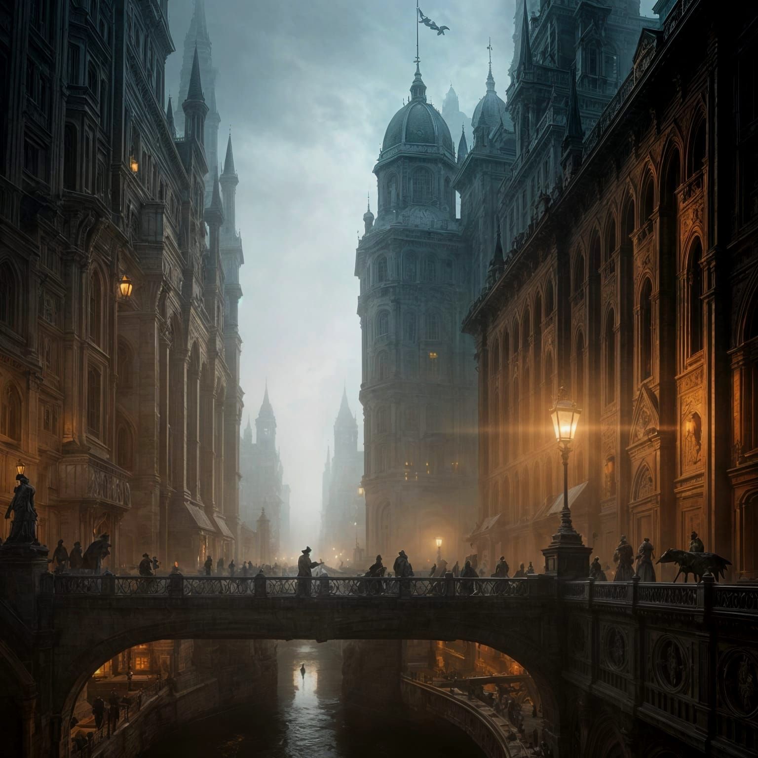 Dark Fantasy Cityscape Under Mysterious Dusk